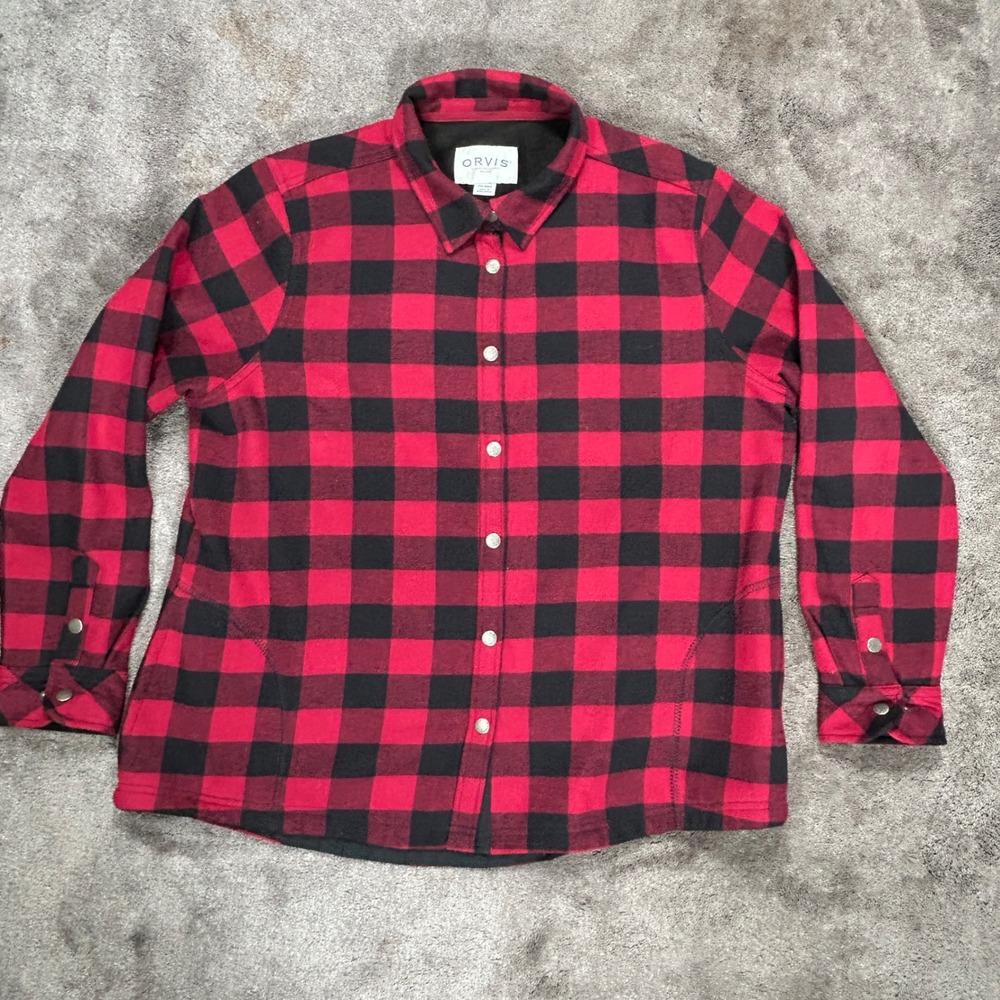 Orvis Flannel Shirt Jacket Mens XXL Red Black Buffalo Check Fleece Lined Snap